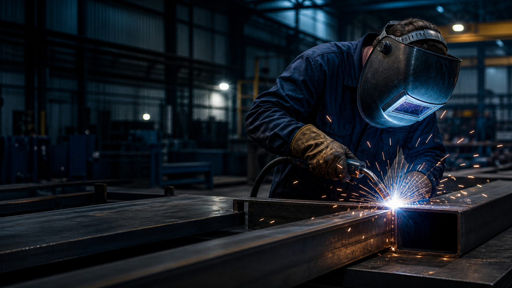 Welder working with sparks in a manufacturing workshop